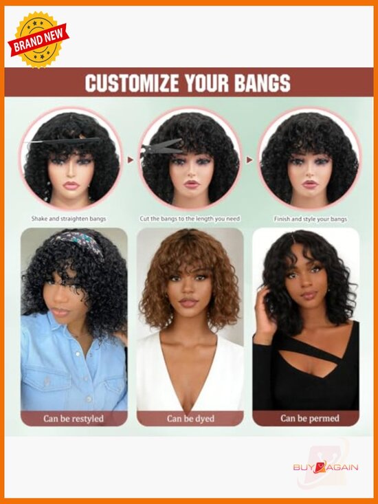 12 Inch Deep Wave Bob Wig with Bangs 200 Density Virgin Human Hair Glueless main image 4